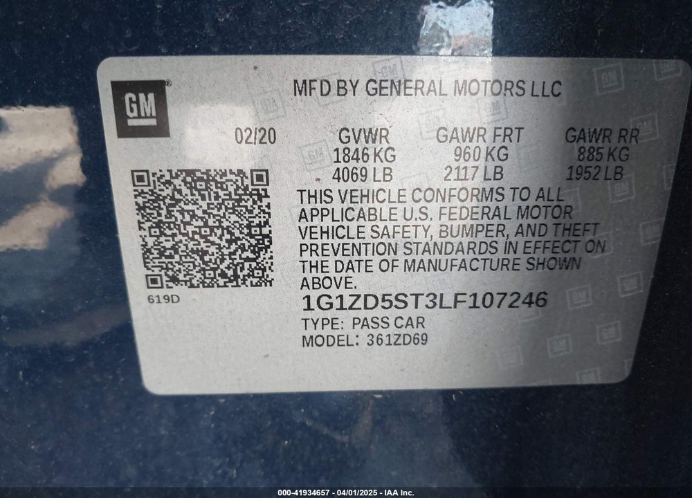 2020 CHEVROLET MALIBU FWD LT VIN: 1G1ZD5ST3LF107246
