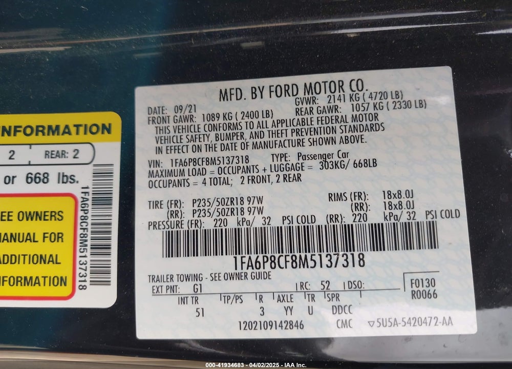 2021 FORD MUSTANG GT PREMIUM FASTBACK VIN: 1FA6P8CF8M5137318