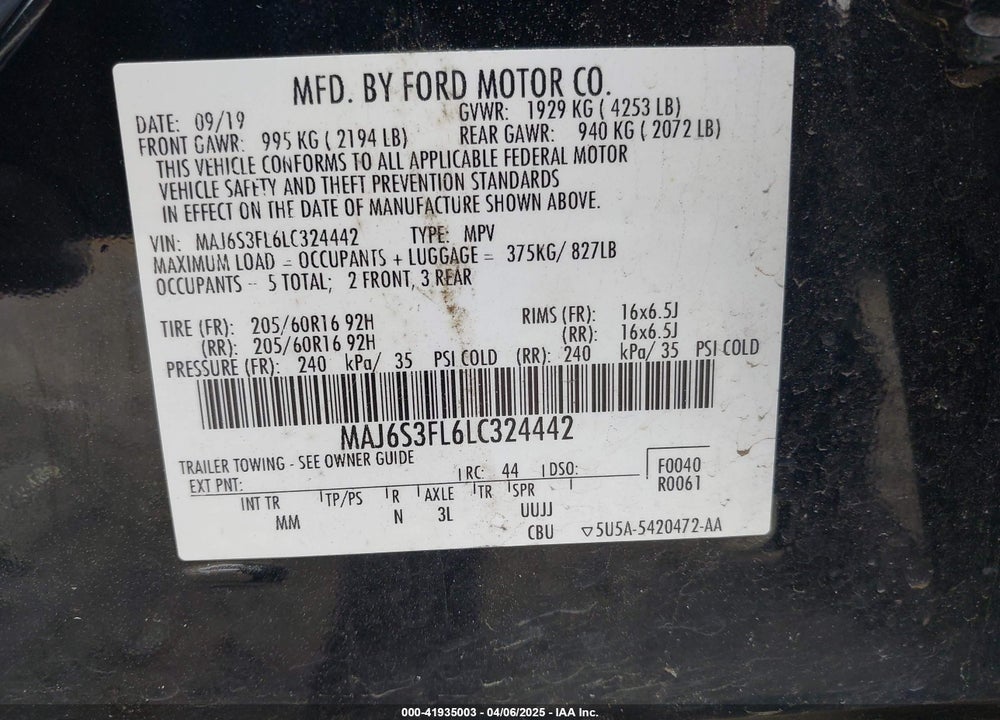 2020 FORD ECOSPORT VIN: MAJ6S3FL6LC324442