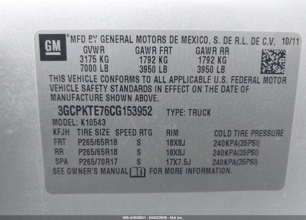 2012 CHEVROLET SILVERADO 1500 VIN: 3GCPKTE76CG153952