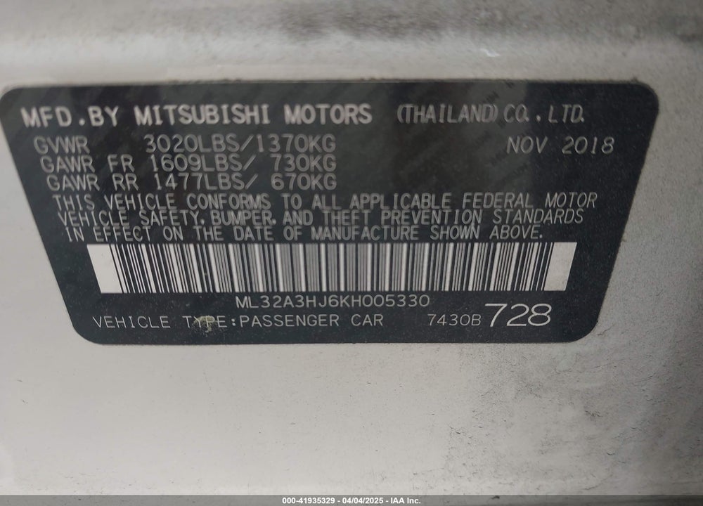 2019 MITSUBISHI MIRAGE ES VIN: ML32A3HJ6KH005330