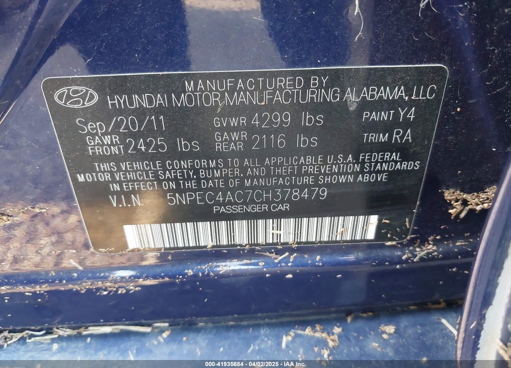 2012 HYUNDAI SONATA VIN: 5NPEC4AC7CH378479