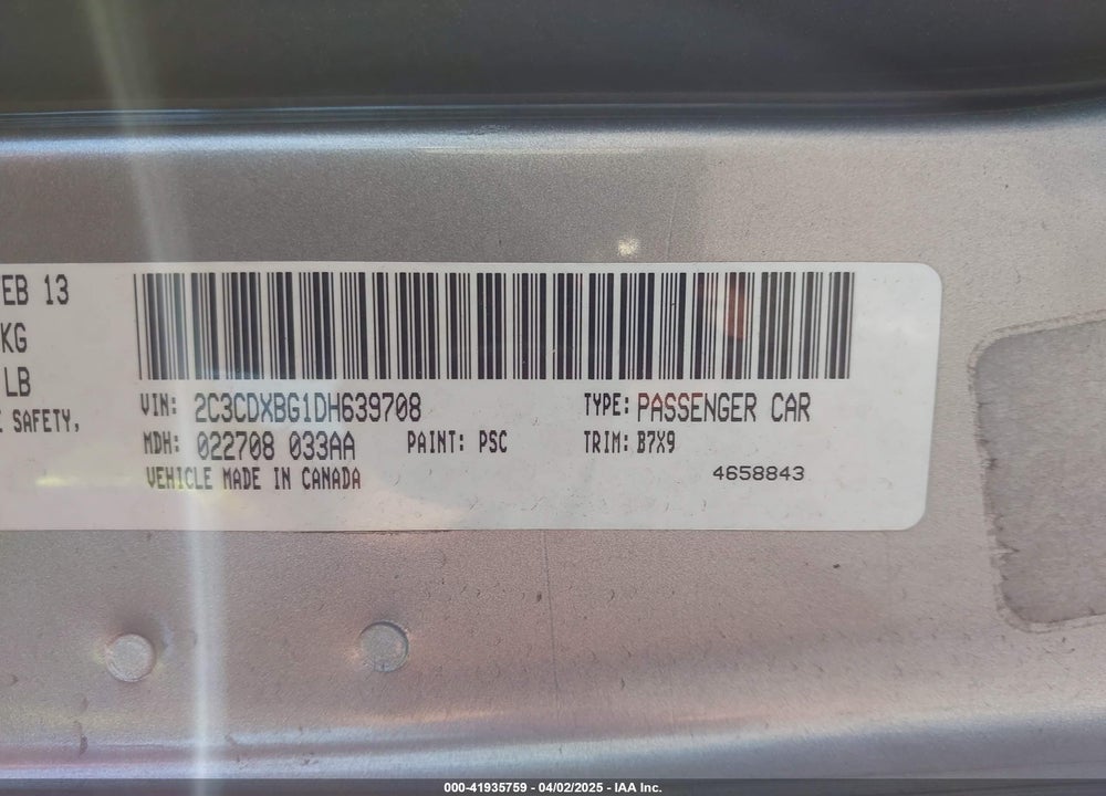 2013 DODGE CHARGER VIN: 2C3CDXBG1DH639708