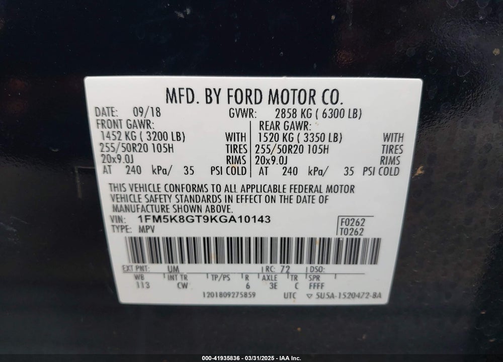 2019 FORD EXPLORER VIN: 1FM5K8GT9KGA10143