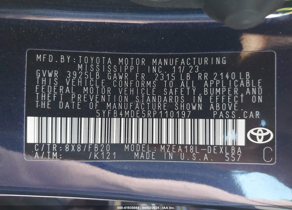 2024 TOYOTA COROLLA VIN: 5YFB4MDE5RP110197