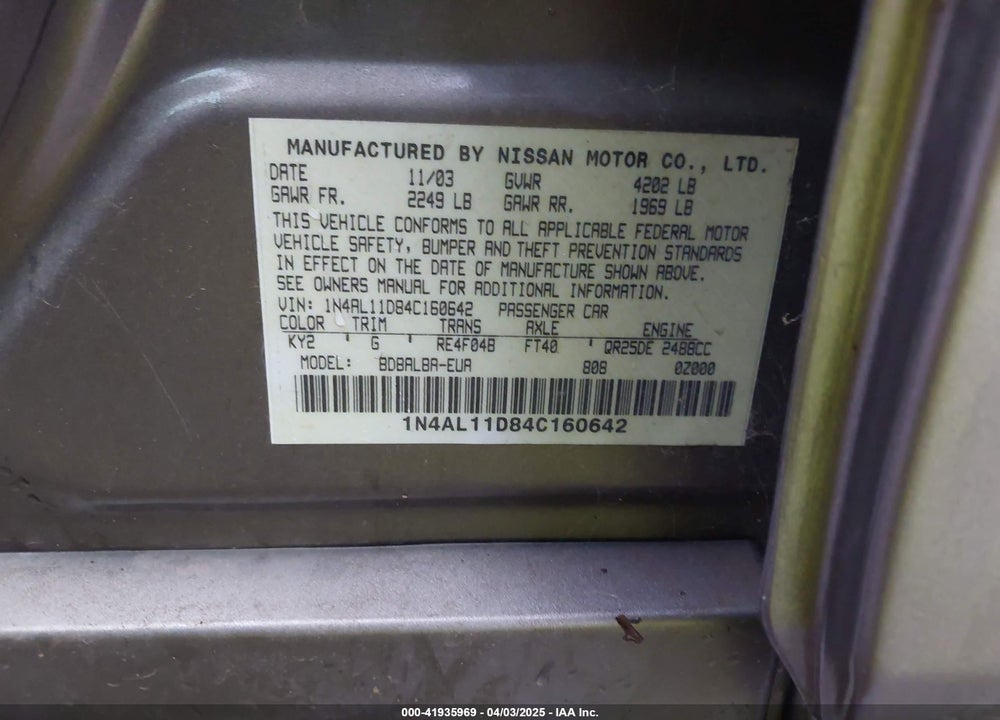 2004 NISSAN ALTIMA 2.5 S VIN: 1N4AL11D84C160642