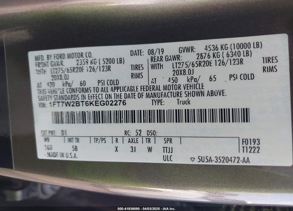 2019 FORD F250 VIN: 1FT7W2BT6KEG02276