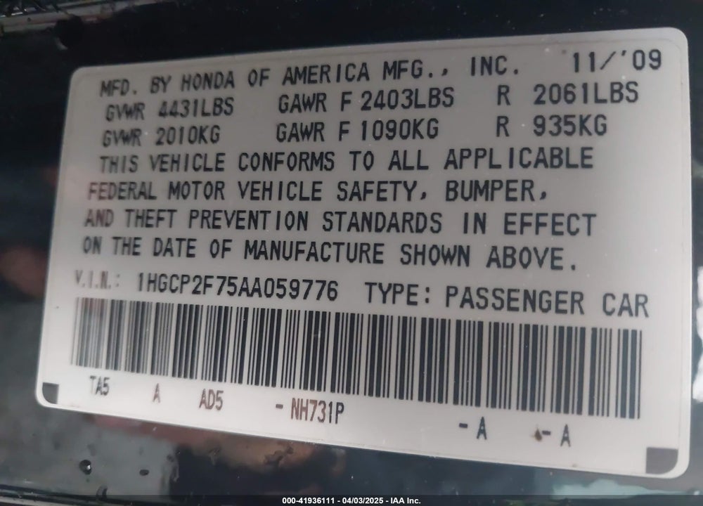 2010 HONDA ACCORD VIN: 1HGCP2F75AA059776