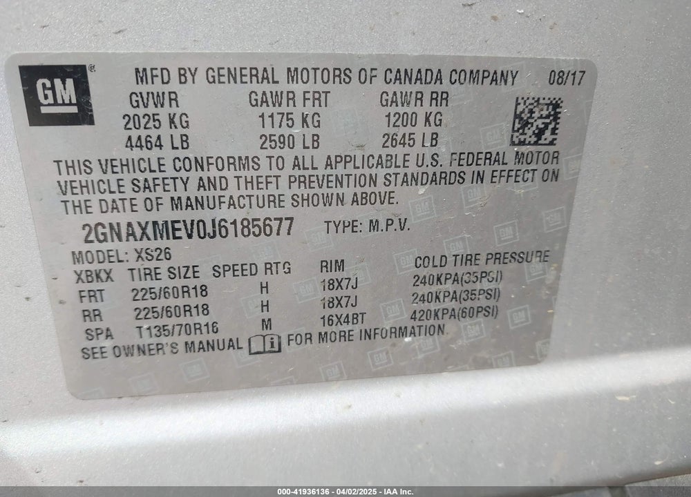 2018 CHEVROLET EQUINOX VIN: 2GNAXMEV0J6185677