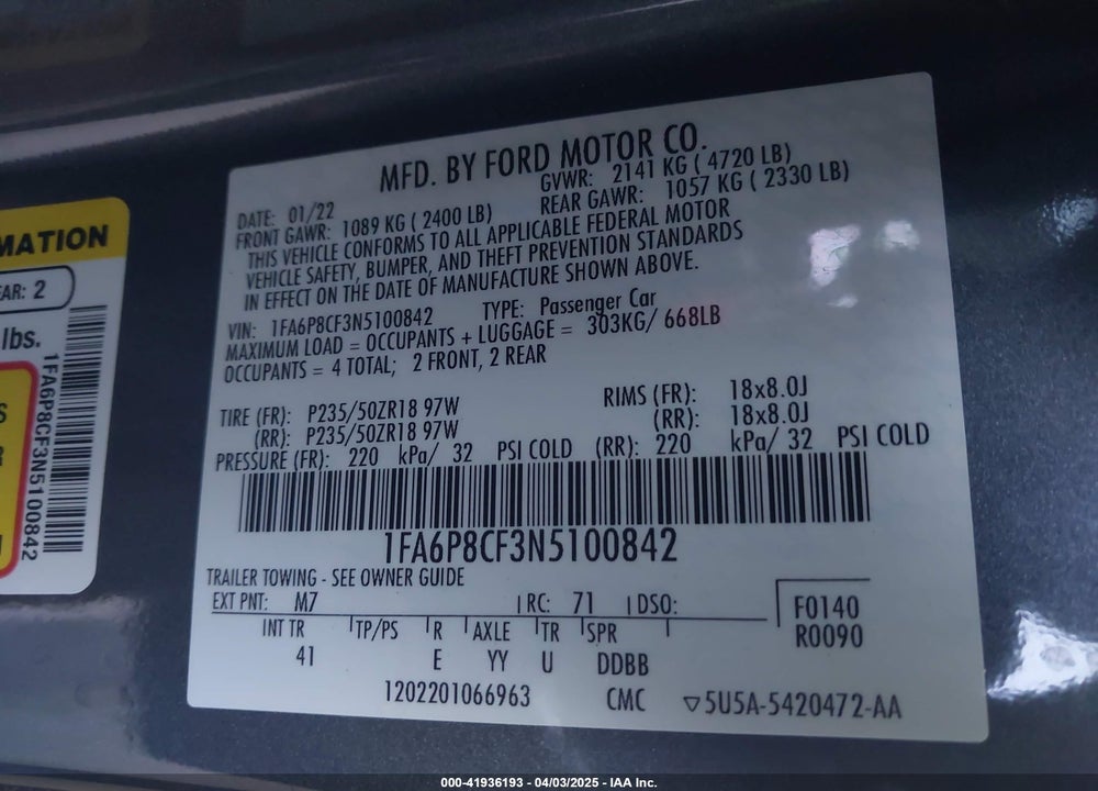 2022 FORD MUSTANG GT PREMIUM FASTBACK VIN: 1FA6P8CF3N5100842