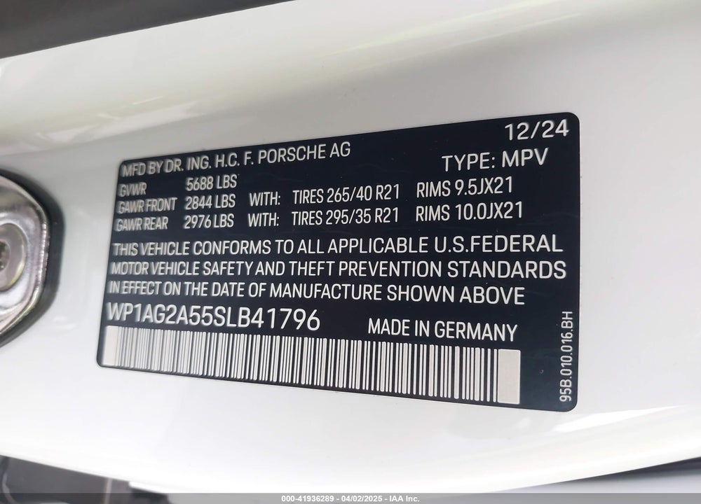 2025 PORSCHE MACAN VIN: WP1AG2A55SLB41796
