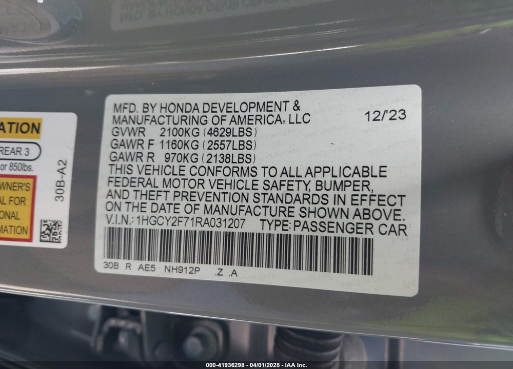 2024 HONDA ACCORD HYBRID SPORT-L VIN: 1HGCY2F71RA031207