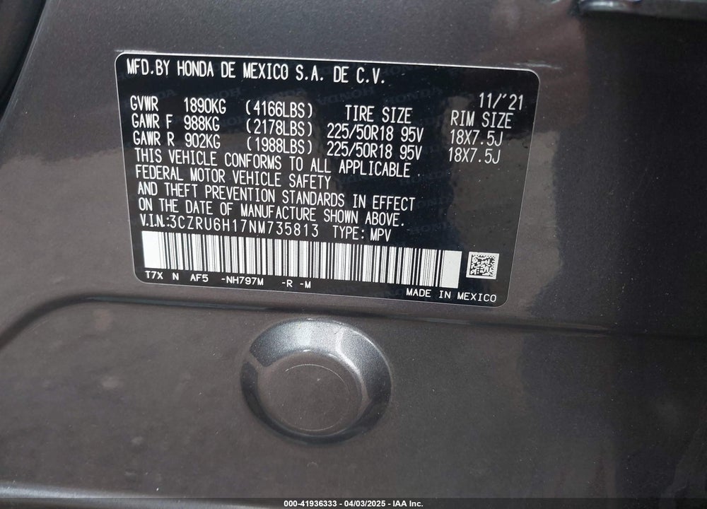 2022 HONDA HR-V VIN: 3CZRU6H17NM735813
