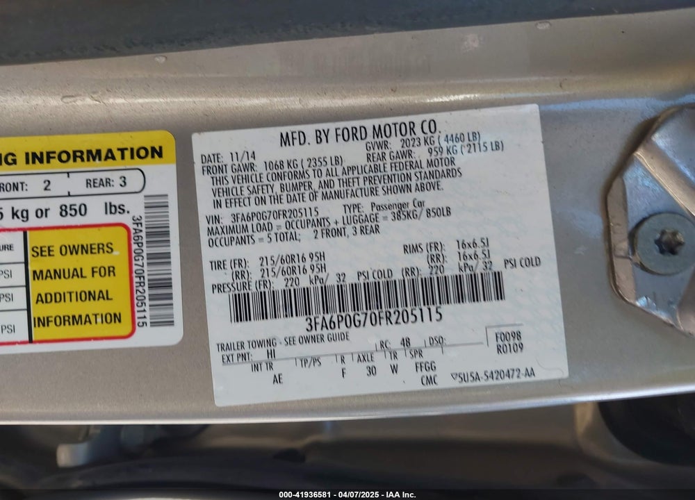 2015 FORD FUSION VIN: 3FA6P0G70FR205115