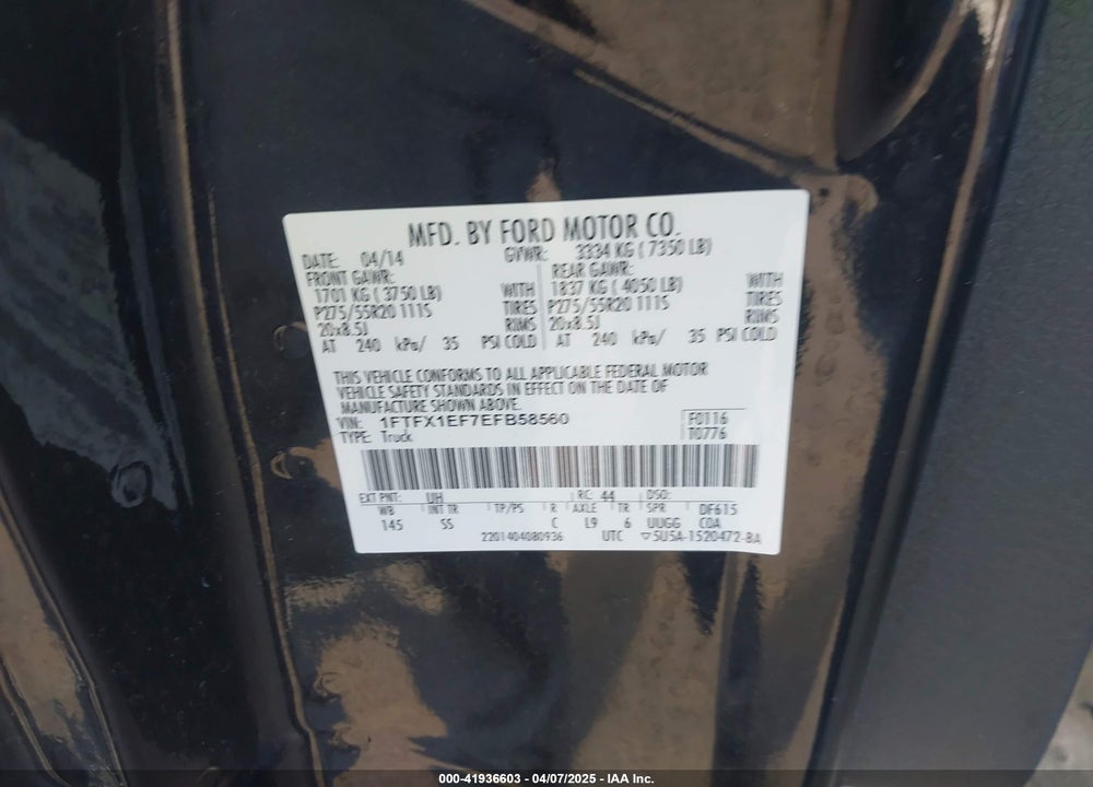 2014 FORD F-150 VIN: 1FTFX1EF7EFB58560