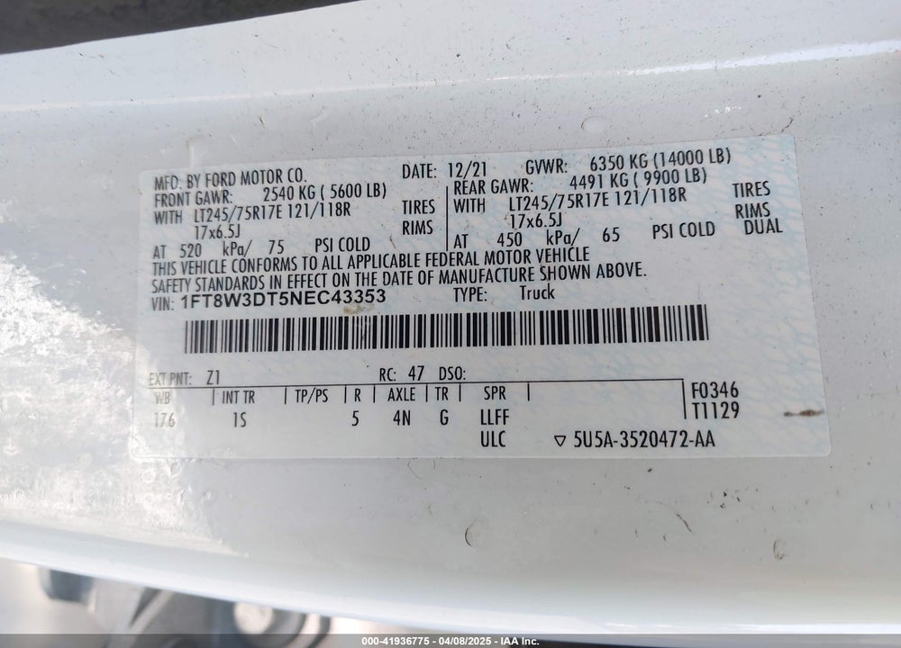 2022 FORD F-350 XL VIN: 1FT8W3DT5NEC43353