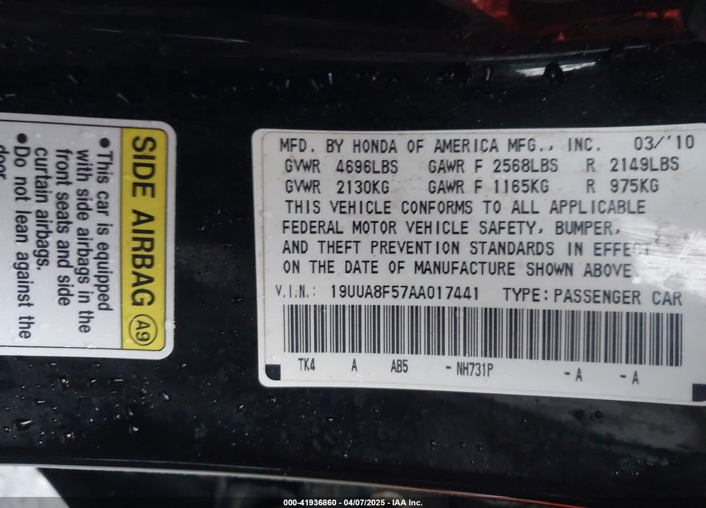 2010 ACURA TL VIN: 19UUA8F57AA017441