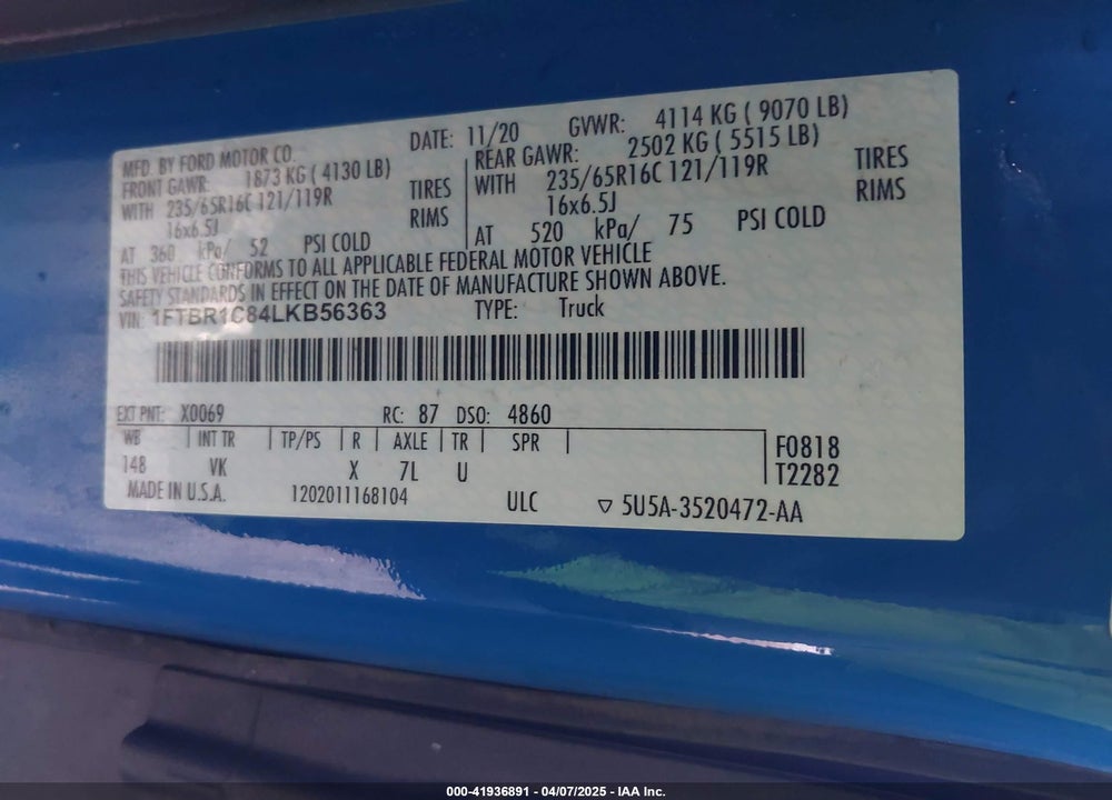2020 FORD TRANSIT-250 VIN: 1FTBR1C84LKB56363