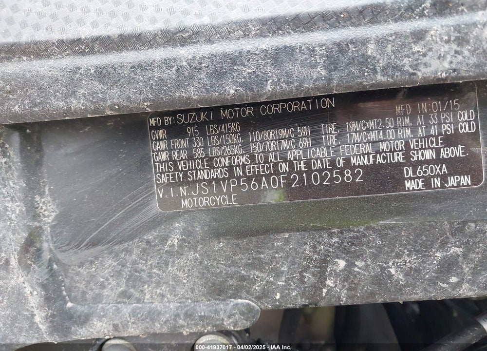 2015 SUZUKI DL650 A VIN: JS1VP56A0F2102582