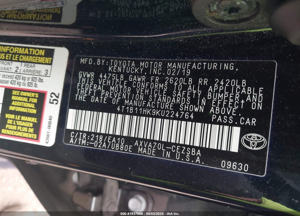 2019 TOYOTA CAMRY VIN: 4T1B11HK9KU224764