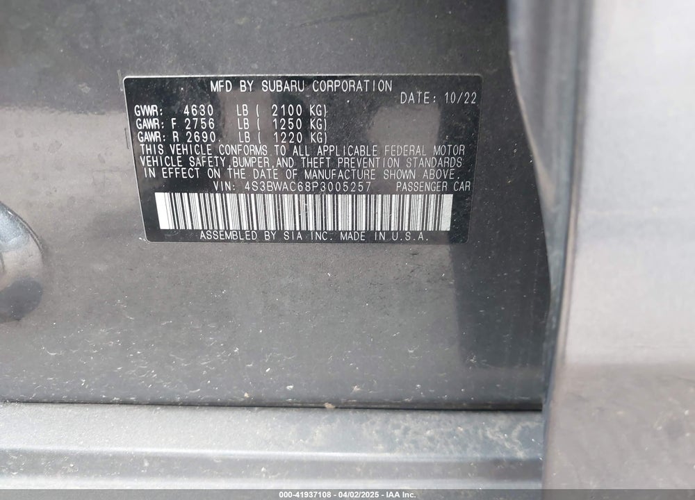 2023 SUBARU LEGACY VIN: 4S3BWAC68P3005257