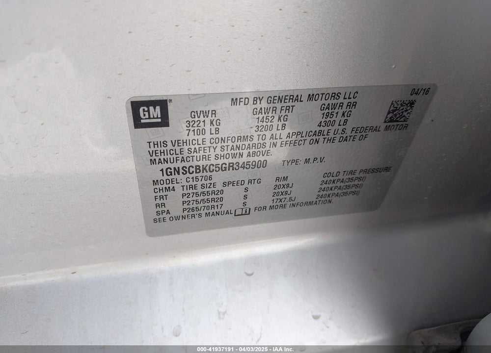 2016 CHEVROLET TAHOE VIN: 1GNSCBKC5GR345900