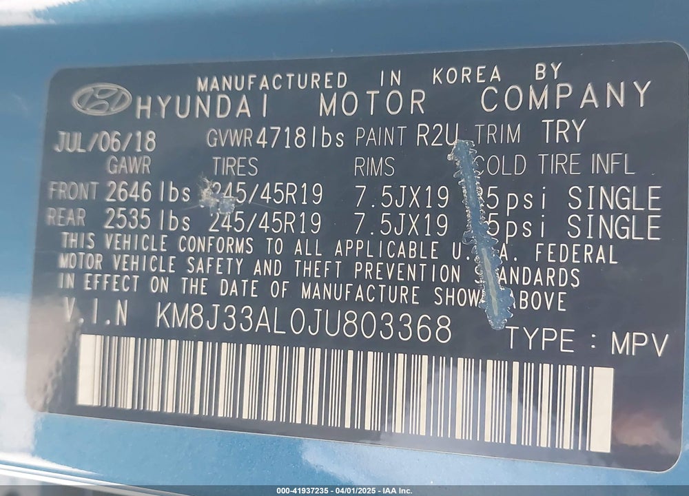 2018 HYUNDAI TUCSON SPORT VIN: KM8J33AL0JU803368