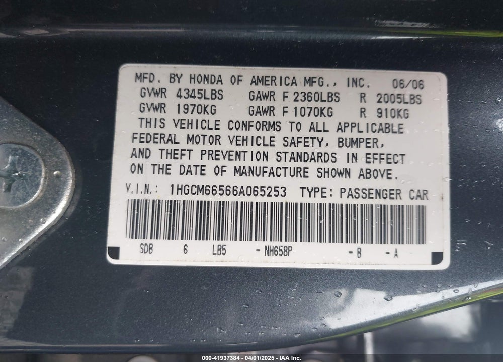 2006 HONDA ACCORD 3.0 EX VIN: 1HGCM66566A065253