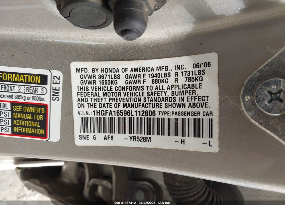 2006 HONDA CIVIC LX VIN: 1HGFA16596L112806