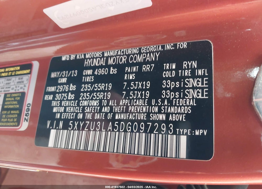 2013 HYUNDAI SANTA FE SPORT 2.0T VIN: 5XYZU3LA5DG097293