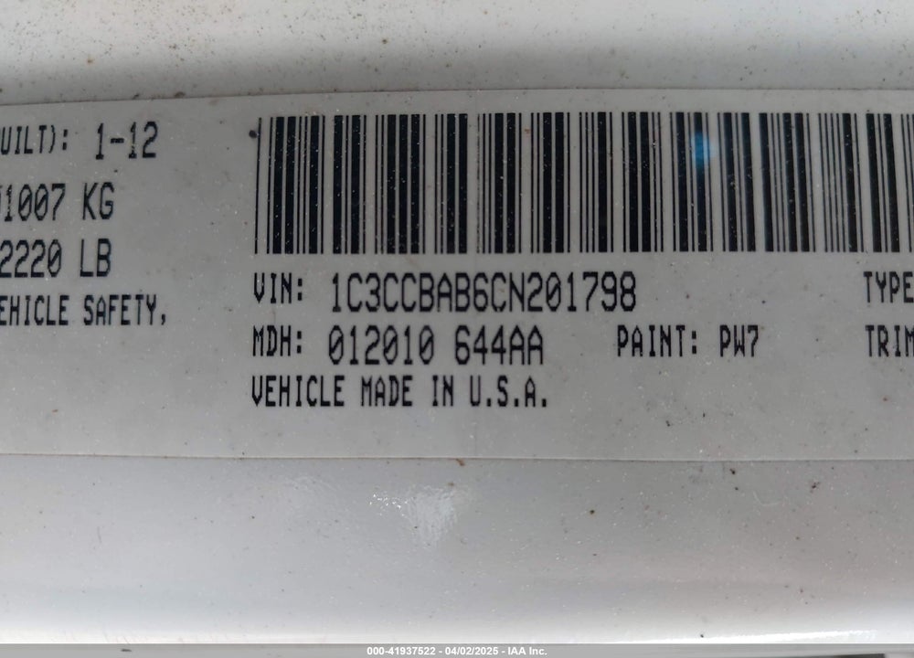 2012 CHRYSLER 200 VIN: 1C3CCBAB6CN201798