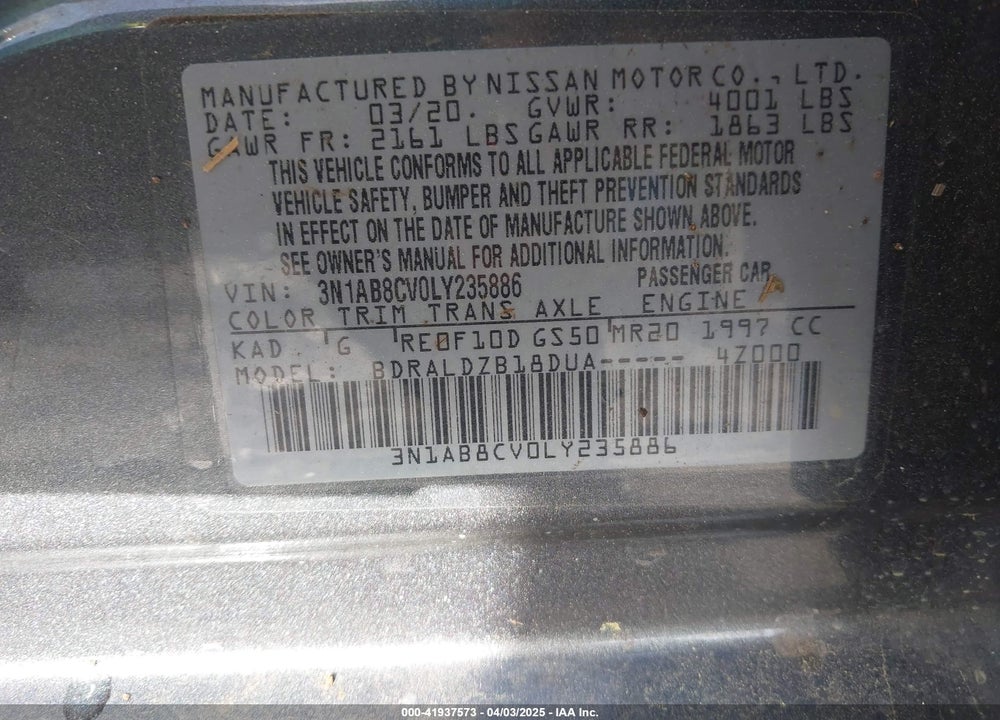 2020 NISSAN SENTRA VIN: 3N1AB8CV0LY235886