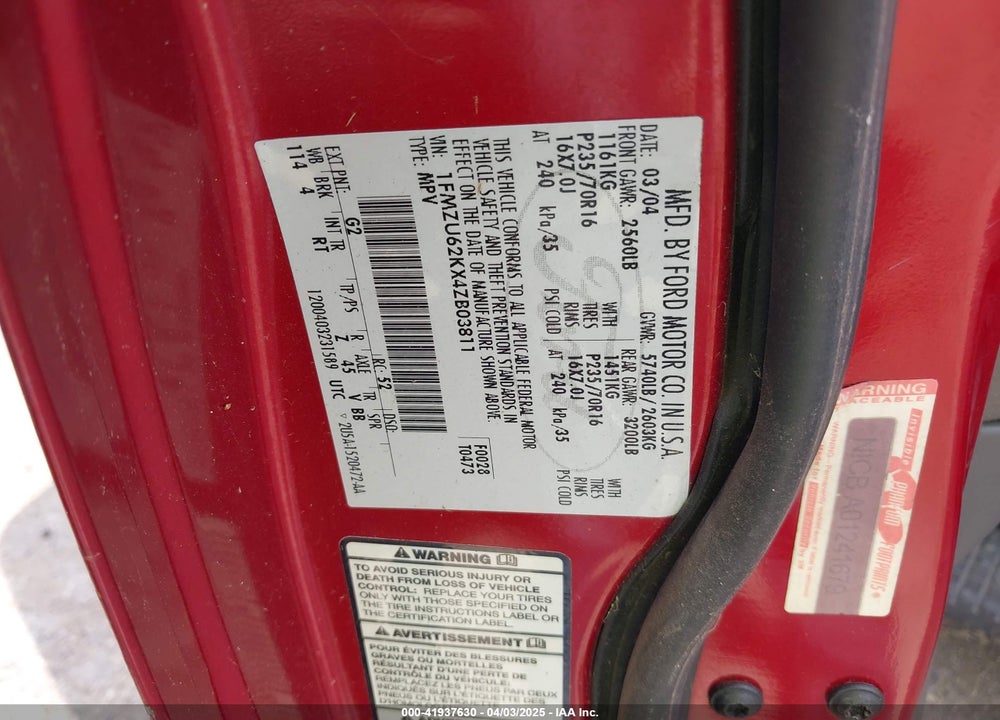 2004 FORD EXPLORER XLS VIN: 1FMZU62KX4ZB03811