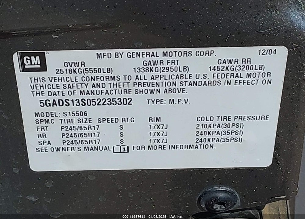 2005 BUICK RAINIER CXL VIN: 5GADS13S052235302