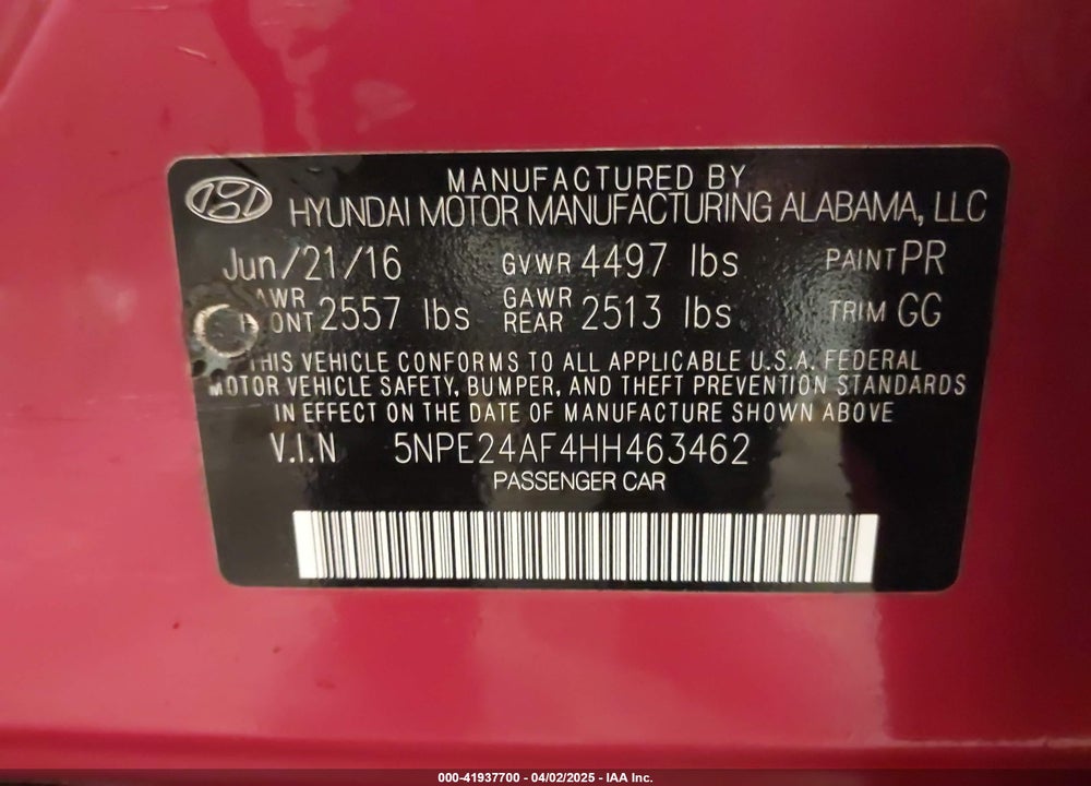 2017 HYUNDAI SONATA SE VIN: 5NPE24AF4HH463462