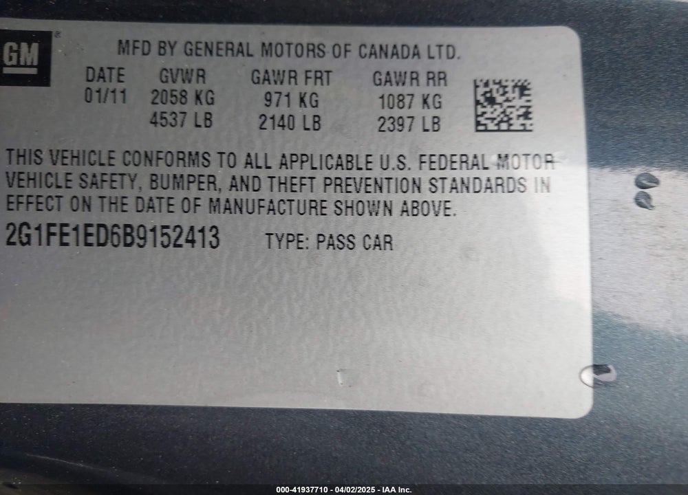 2011 CHEVROLET CAMARO VIN: 2G1FE1ED6B9152413