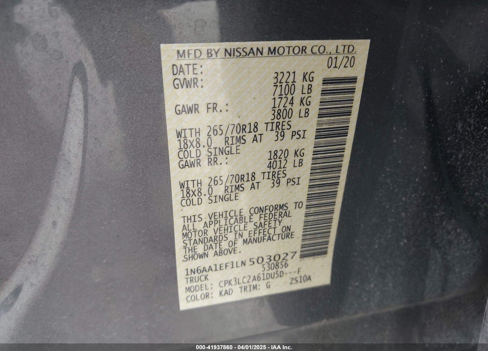 2020 NISSAN TITAN VIN: 1N6AA1EF1LN503027