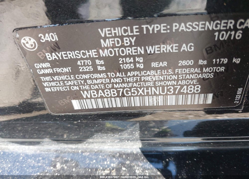 2017 BMW 3 SERIES VIN: WBA8B7G5XHNU37488