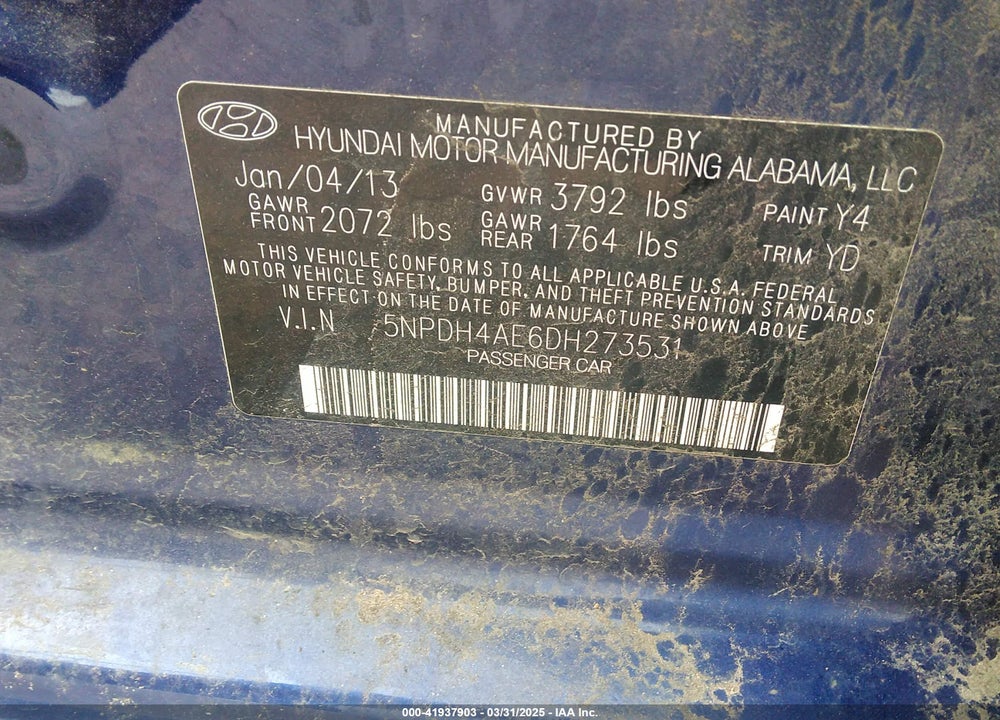 2013 HYUNDAI ELANTRA VIN: 5NPDH4AE6DH273531