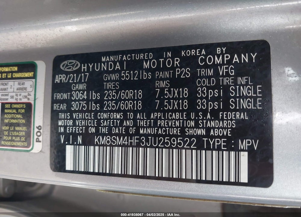 2018 HYUNDAI SANTA FE VIN: KM8SM4HF3JU259522