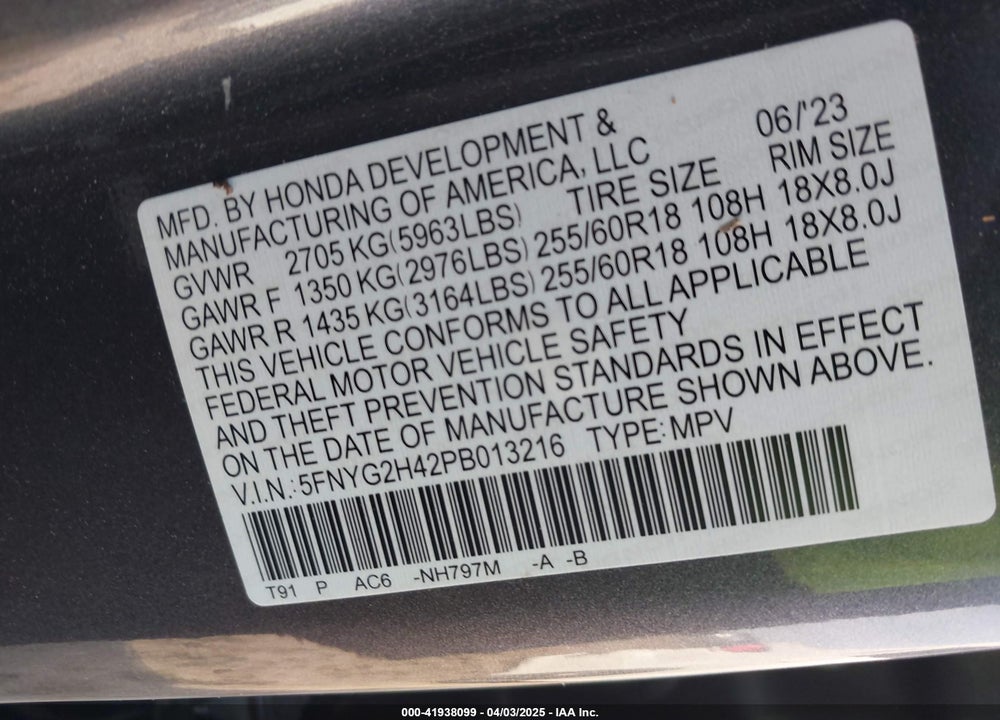 2023 HONDA PILOT VIN: 5FNYG2H42PB013216
