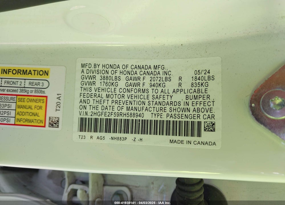 2024 HONDA CIVIC VIN: 2HGFE2F59RH588940