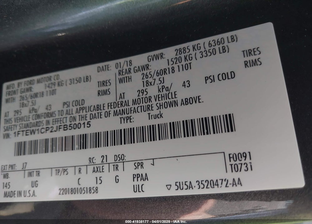 2018 FORD F-150 VIN: 1FTEW1CP2JFB50015