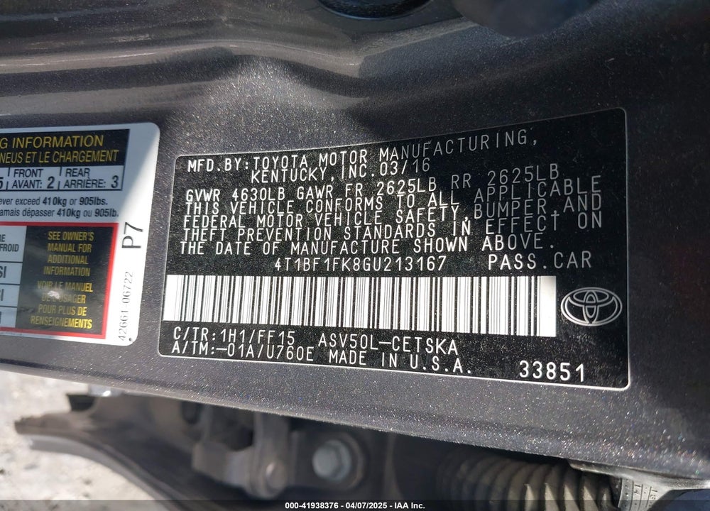 2016 TOYOTA CAMRY VIN: 4T1BF1FK8GU213167
