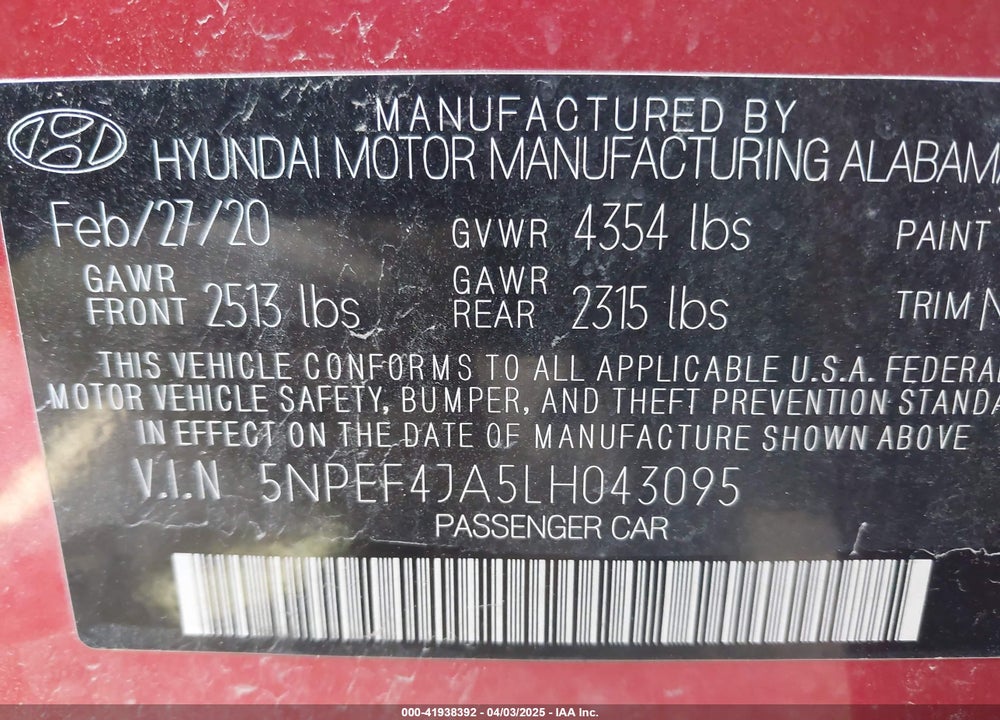 2020 HYUNDAI SONATA VIN: 5NPEF4JA5LH043095