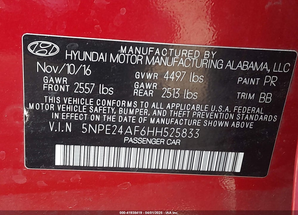 2017 HYUNDAI SONATA VIN: 5NPE24AF6HH525833
