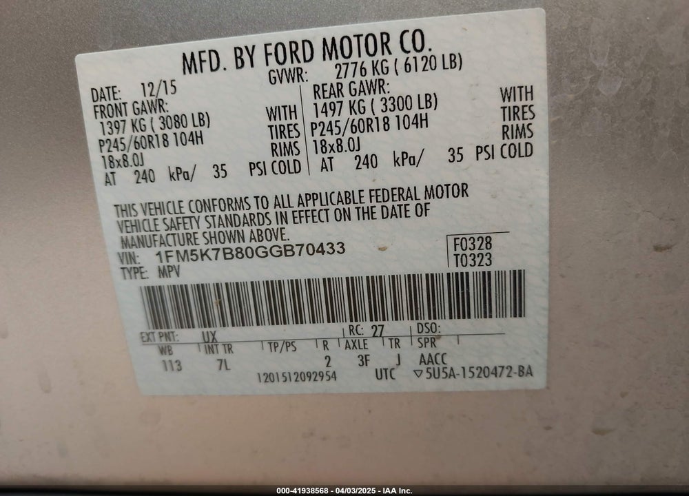 2016 FORD EXPLORER VIN: 1FM5K7B80GGB70433