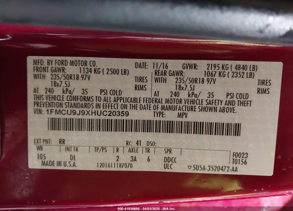 2017 FORD ESCAPE TITANIUM VIN: 1FMCU9J9XHUC20359
