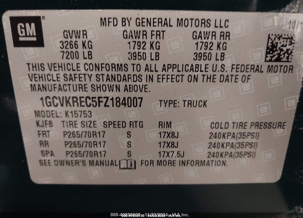 2015 CHEVROLET SILVERADO 1500 VIN: 1GCVKREC5FZ184007