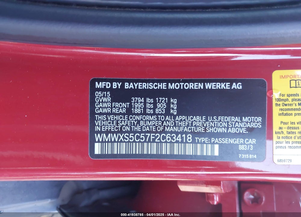 2015 MINI COOPER VIN: WMWXS5C57F2C63418